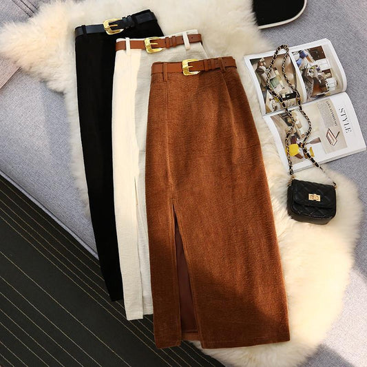 High Waist A-Line Corduroy Skirt for Women – Mid-Length with Split Detail